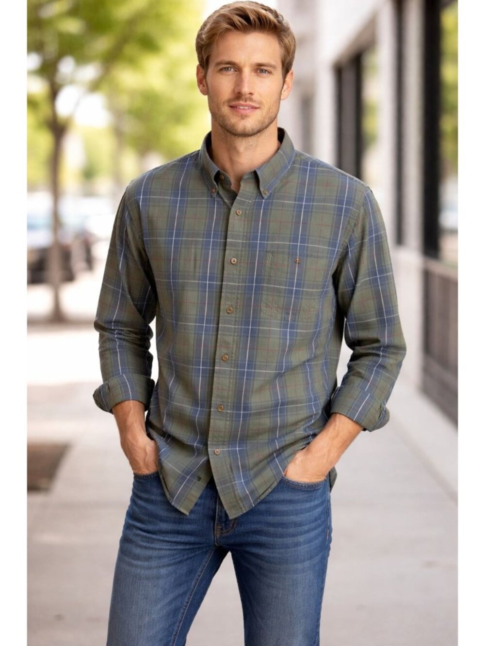 C.E. Schmidt Button Down Shirt Mens 2XT Green Blue Flannel Plaid Casual Top Long